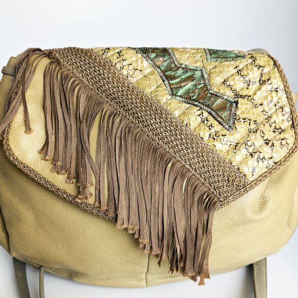 Sharif Shoulder Bag Messenger 80s Retro Snake Skin Leather Fringe Boho - Picture 2 of 10